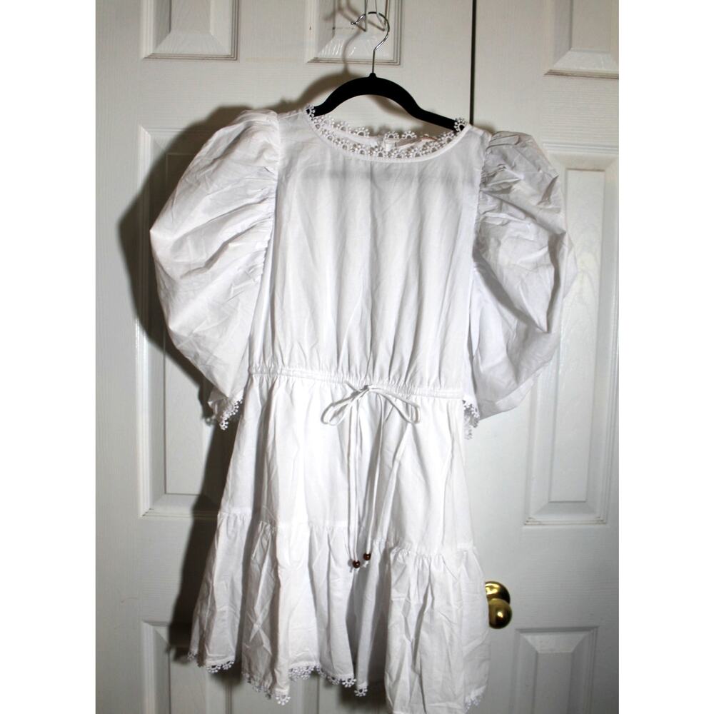 Oliveaceous White Puff Sleeve Mini Dress w/ Ruffled Skirt sz S  NEW